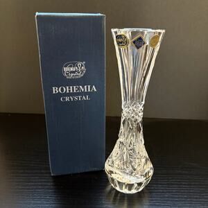 Vtg Bohemia Crystal Cut Glass Bud Vase 7" Original Stickers/Box Czech Republic